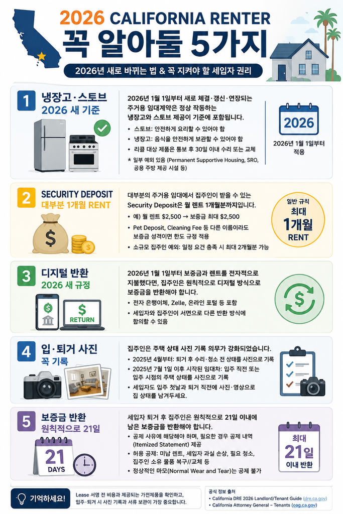 2026 캘리포니아 렌터 새 법 5가지 냉장고 스토브 보증금 세입자 권리
