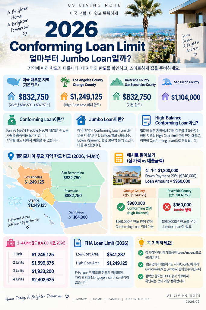 2026 Conforming Loan Limit LA Orange County Riverside San Bernardino San Diego Jumbo Loan 한도 비교