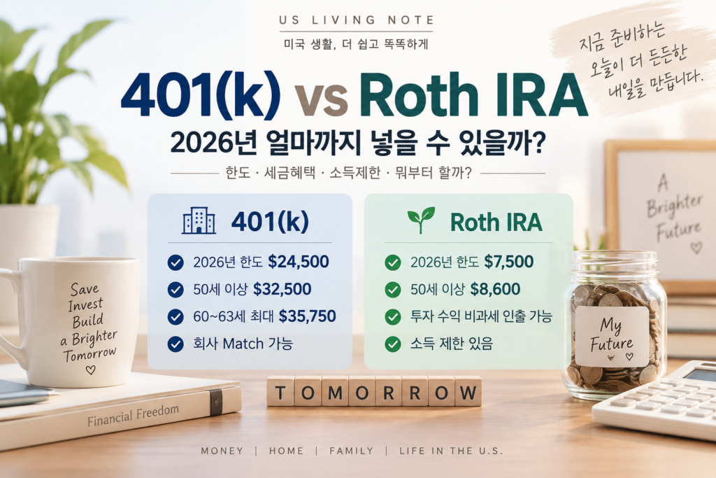 401(k) vs Roth IRA 2026년 납입한도 세금혜택 소득제한 비교