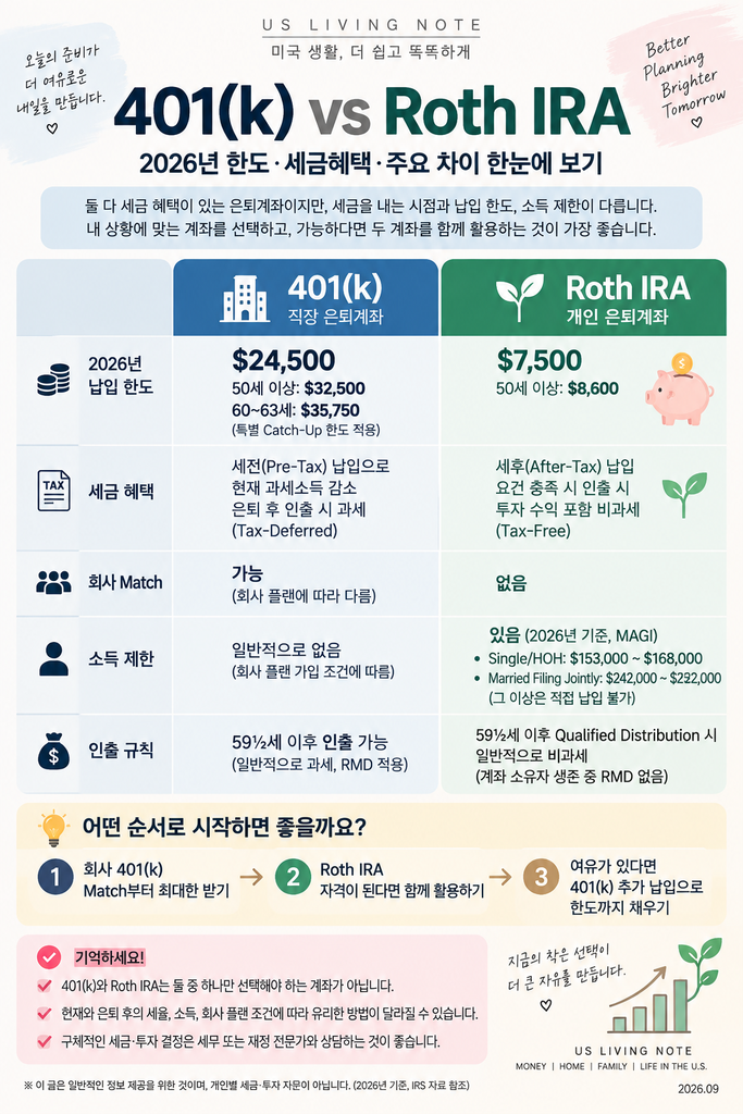 401(k) vs Roth IRA 2026년 납입한도 세금혜택 회사 매칭 소득제한 인출규칙 비교