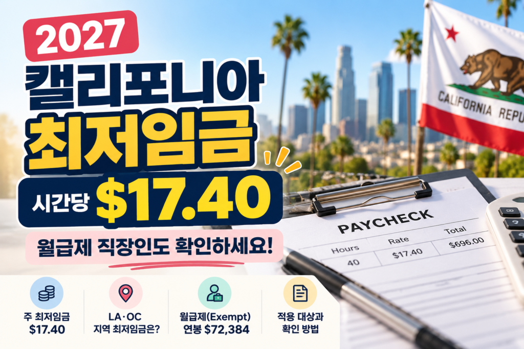 2027 캘리포니아 최저임금 시간당 $17.40과 월급제 Exempt 연봉 기준 안내